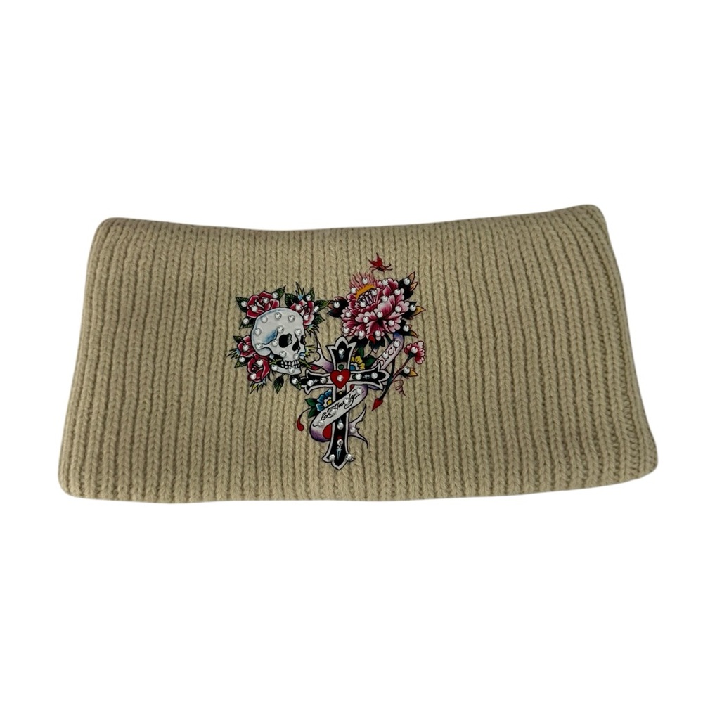 Ed Hardy Tan Headband with Skull and Floral Design